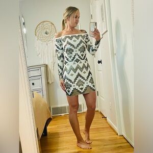 Express White Silver Bronze Aztec Bodycon Mini Long Sleeve Off Shoulders Dress